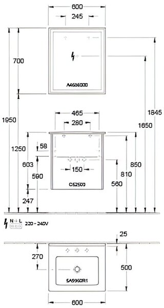 Villeroy & Boch Finero lavoar cu dulap și oglindă 60 cm stejar S00300RHR1