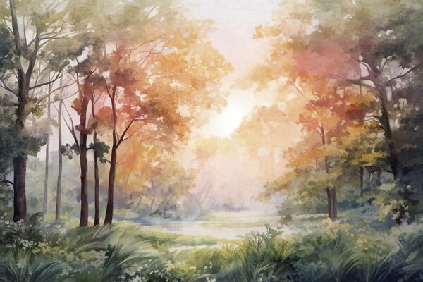 Tapet Peisaj forestier texturat, copaci cu frunze portocalii și verzi, paletă de culori pastelate, Fototapet Natură, w09210v1 : Uwalls.ro