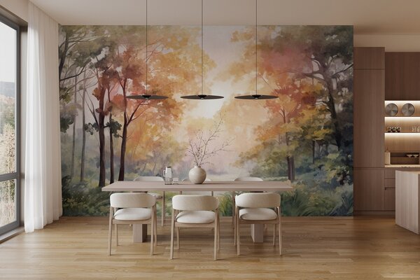 Tapet Peisaj forestier texturat, copaci cu frunze portocalii și verzi, paletă de culori pastelate, Fototapet Natură, w09210v1 : Uwalls.ro