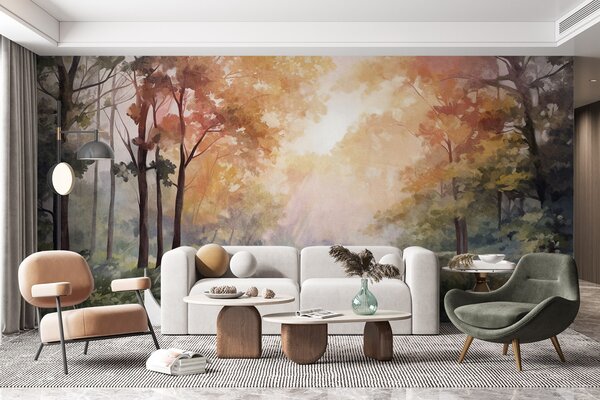 Tapet Peisaj forestier texturat, copaci cu frunze portocalii și verzi, paletă de culori pastelate, Fototapet Natură, w09210v1 : Uwalls.ro