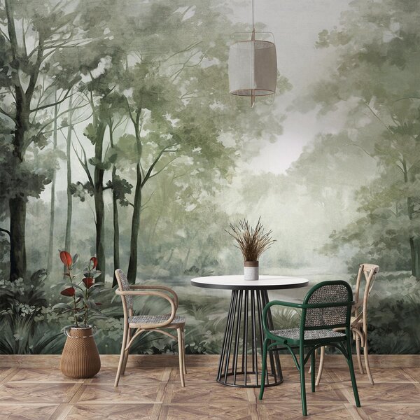 Tapet Peisaj forestier texturat, copaci cu frunze verzi, paletă de culori pastelate, Fototapet Natură, w09210v2 : Uwalls.ro