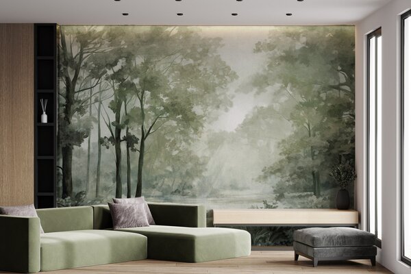 Tapet Peisaj forestier texturat, copaci cu frunze verzi, paletă de culori pastelate, Fototapet Natură, w09210v2 : Uwalls.ro