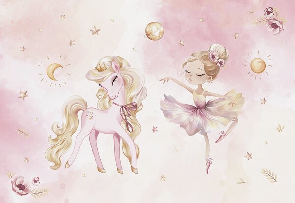 Tapet Unicorn și balerină într-un basm roz, poveste pentru copii, Fototapet Pentru Copii, w04196 : Uwalls.ro