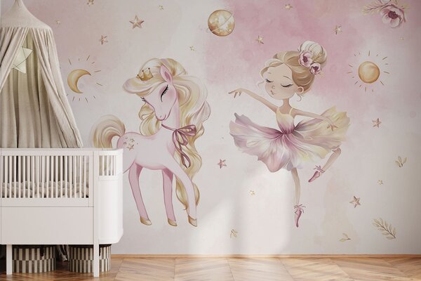 Tapet Unicorn și balerină într-un basm roz, poveste pentru copii, Fototapet Pentru Copii, w04196 : Uwalls.ro
