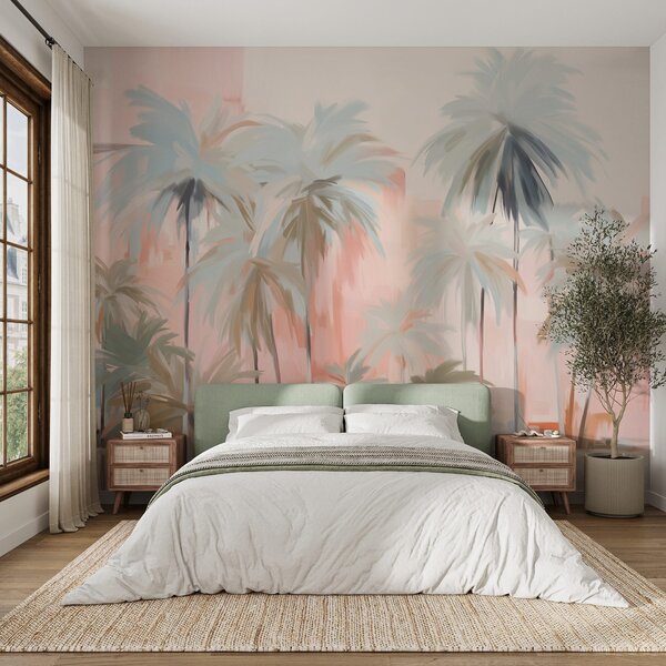 Tapet Abstract minimalist pastel palmieri tropicali, pe un fundal de nuanțe moi de roz și piersică, Fototapet Acuarelă, w09212 : Uwalls.ro