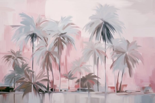Tapet Abstract minimalist pastel palmieri tropicali, pe un fundal de nuanțe mute roz și gri, Fototapet Natură, w09212v1 : Uwalls.ro