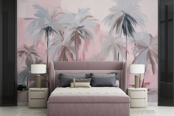 Tapet Abstract minimalist pastel palmieri tropicali, pe un fundal de nuanțe mute roz și gri, Fototapet Natură, w09212v1 : Uwalls.ro