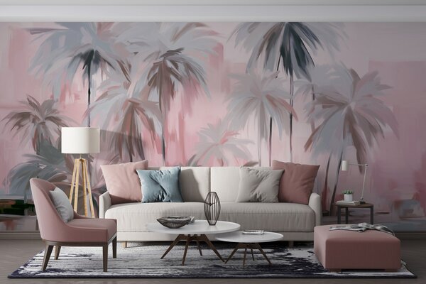 Tapet Abstract minimalist pastel palmieri tropicali, pe un fundal de nuanțe mute roz și gri, Fototapet Natură, w09212v1 : Uwalls.ro