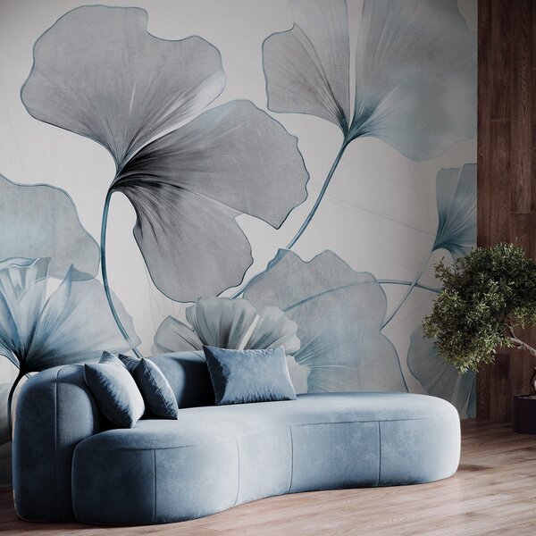 Tapet Ginkgo biloba frunze în tonuri de albastru și gri, efect de acuarelă cu textură delicată, fundal, Fototapet Natură, w09215v1 : Uwalls.ro