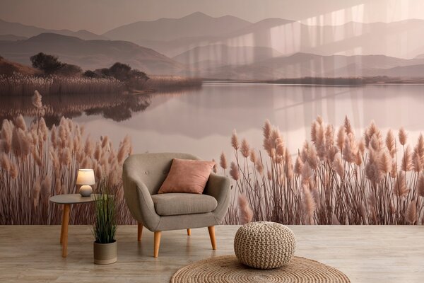 Tapet vedere la lacul cu stuf, Fototapet Natură, w04207 : Uwalls.ro