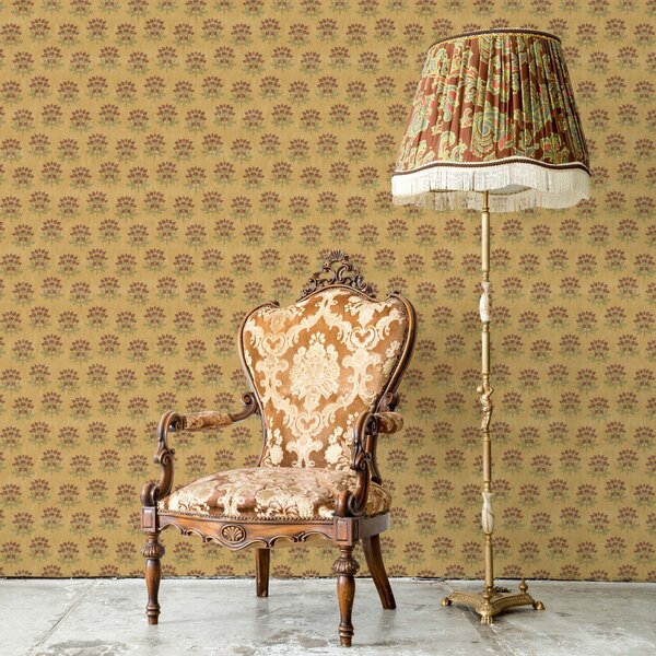Tapet Model floral retro cu lotusuri pe fundal galben, Tapet flori, a00238 : Uwalls.ro