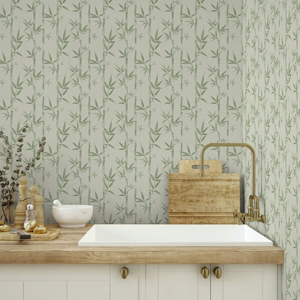Tapet Bambus verde deschis pe fundal pastel moale, Tapet flori, a00236v1 : Uwalls.ro