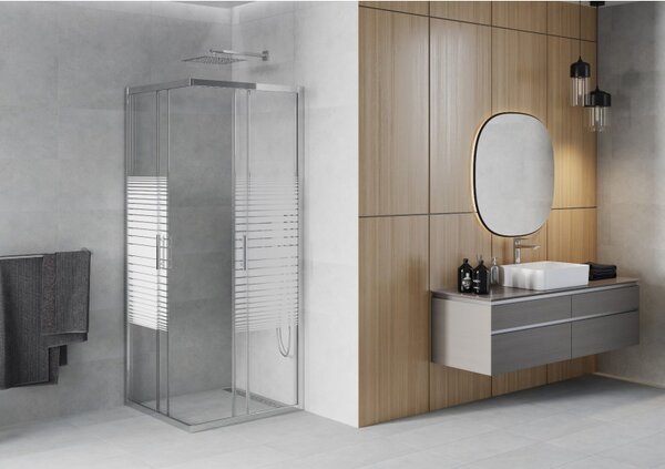Mexen Rio, duș pătrat cu ușă glisantă 90 (uşă) x 90 (uşă) x 190 cm, sticlă transparentă de 6 mm cu benzi, profil cromat, 860-090-090-01-20