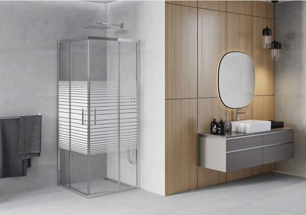 Mexen Rio, duș pătrat cu ușă glisantă 90 (uşă) x 90 (uşă) x 190 cm, sticlă transparentă de 6 mm cu benzi, profil cromat, 860-090-090-01-20