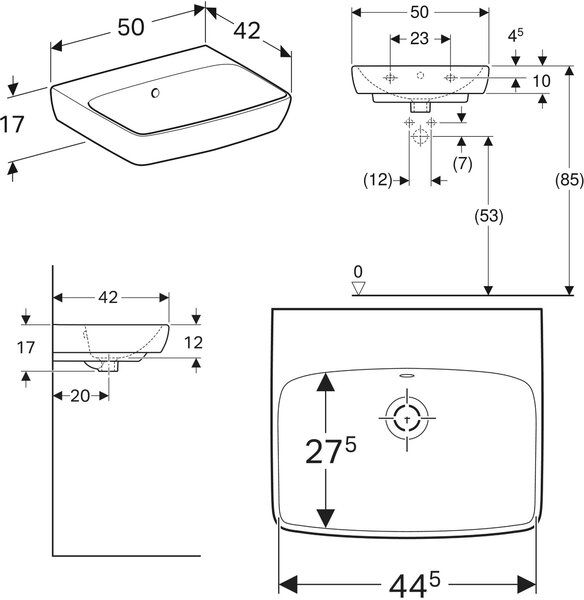 Geberit Selnova Square lavoar 50x42 cm dreptunghiular clasică-mobilier-încastrat alb luciu 500.301.01.7