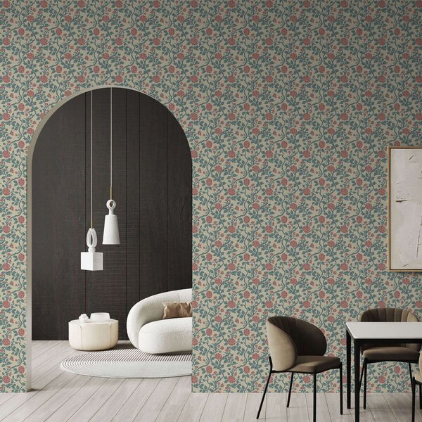 Tapet Model retro cu flori în roșu și verde, Tapet Provence, a00250 : Uwalls.ro