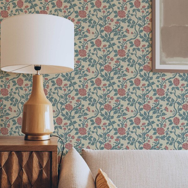Tapet Model retro cu flori în roșu și verde, Tapet Provence, a00250 : Uwalls.ro