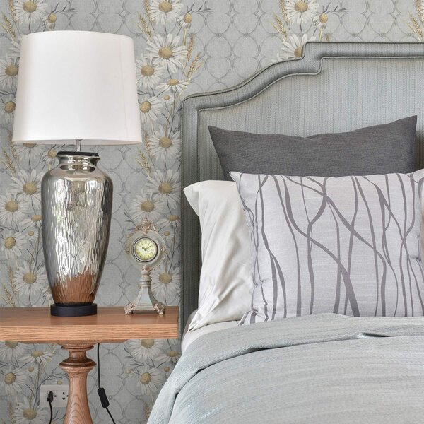 Tapet Margarete pe fundal gri cu model geometric, Tapet flori, a00269 : Uwalls.ro