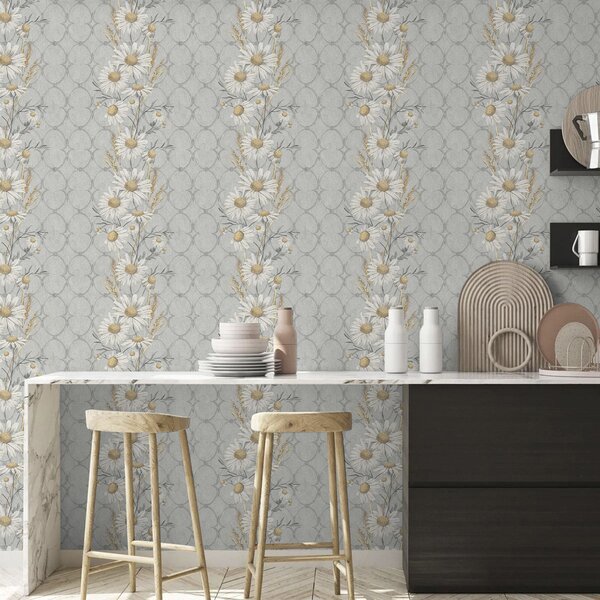 Tapet Margarete pe fundal gri cu model geometric, Tapet flori, a00269 : Uwalls.ro