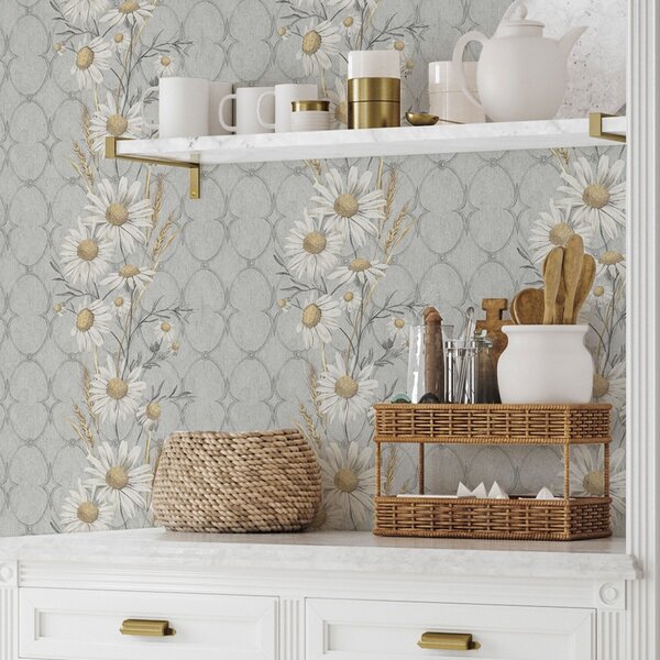 Tapet Margarete pe fundal gri cu model geometric, Tapet flori, a00269 : Uwalls.ro