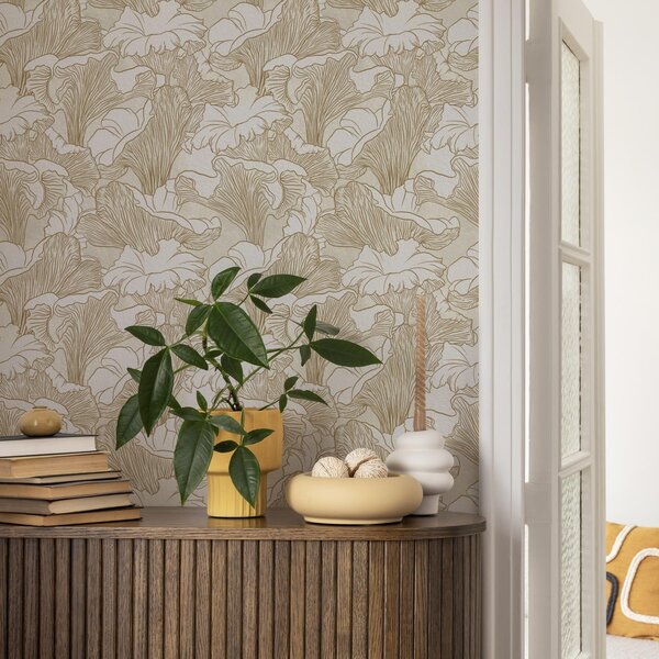 Tapet Ciuperci Chanterelle, desen de linie pe fundal crem, Tapet flori, a00275 : Uwalls.ro