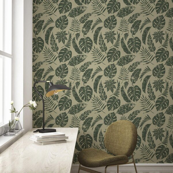 Tapet Frunze tropicale în stil linogravură, verde pe galben, Tapet flori, a00274 : Uwalls.ro
