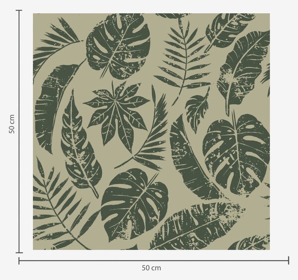 Tapet Frunze tropicale în stil linogravură, verde pe galben, Tapet flori, a00274 : Uwalls.ro
