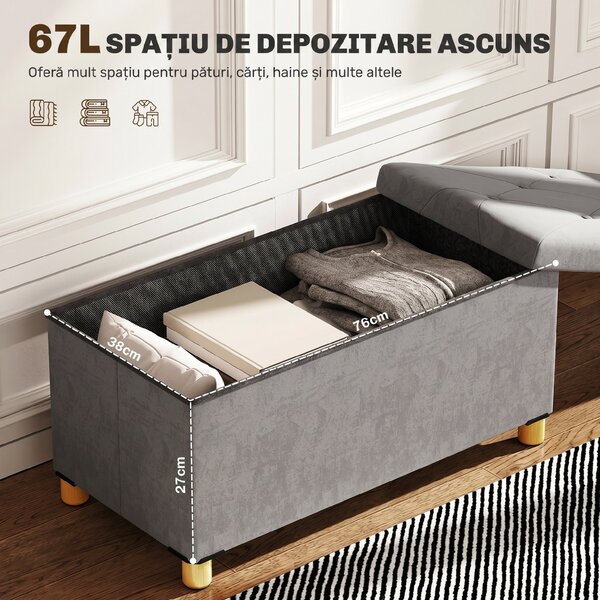 HOMCOM Bancă Depozitare Pliabil 67l Capac Căptușit In Catifea Gri | Aosom Romania