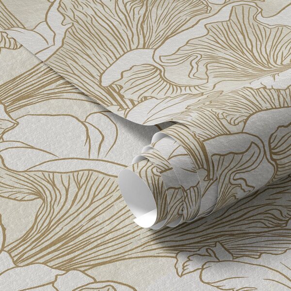 Tapet Ciuperci Chanterelle, desen de linie pe fundal crem, Tapet flori, a00275 : Uwalls.ro