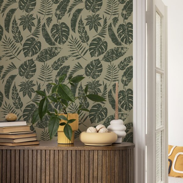 Tapet Frunze tropicale în stil linogravură, verde pe galben, Tapet flori, a00274 : Uwalls.ro