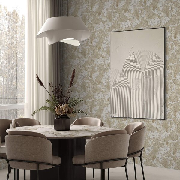 Tapet Ciuperci Chanterelle, desen de linie pe fundal crem, Tapet flori, a00275 : Uwalls.ro