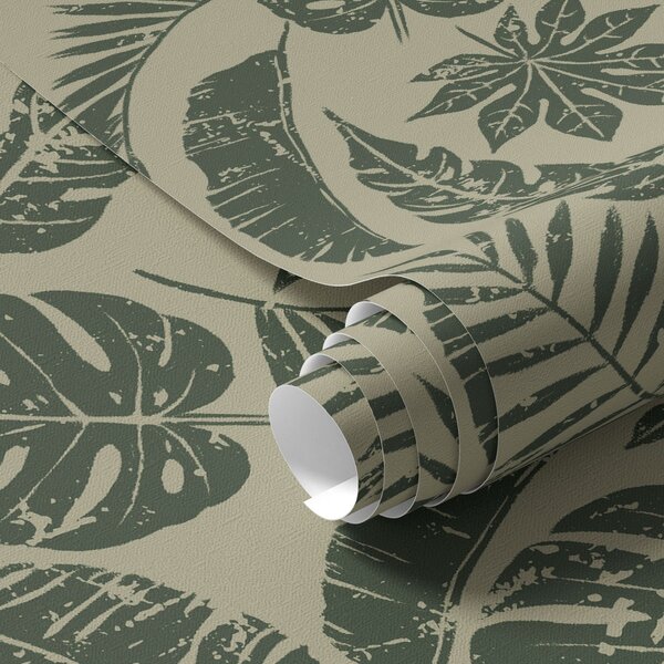 Tapet Frunze tropicale în stil linogravură, verde pe galben, Tapet flori, a00274 : Uwalls.ro