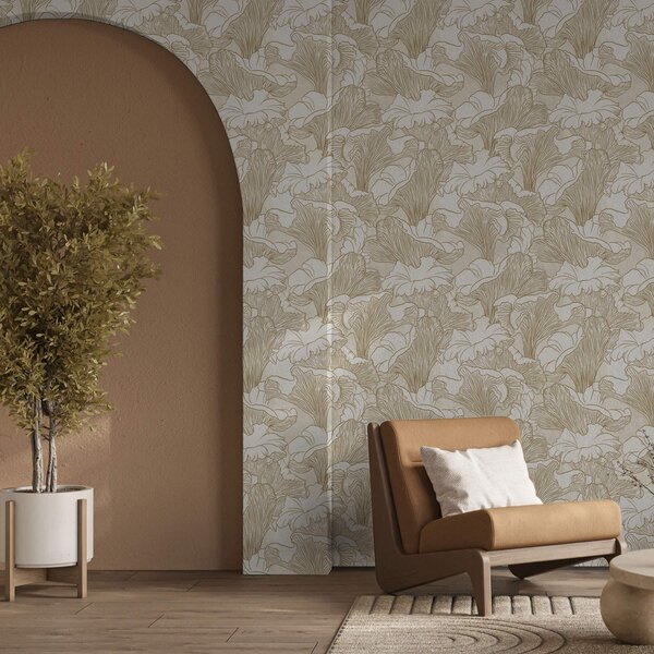 Tapet Ciuperci Chanterelle, desen de linie pe fundal crem, Tapet flori, a00275 : Uwalls.ro