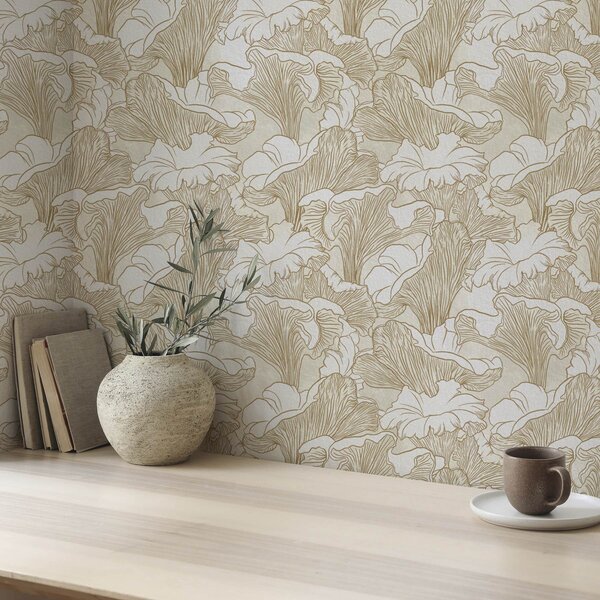 Tapet Ciuperci Chanterelle, desen de linie pe fundal crem, Tapet flori, a00275 : Uwalls.ro