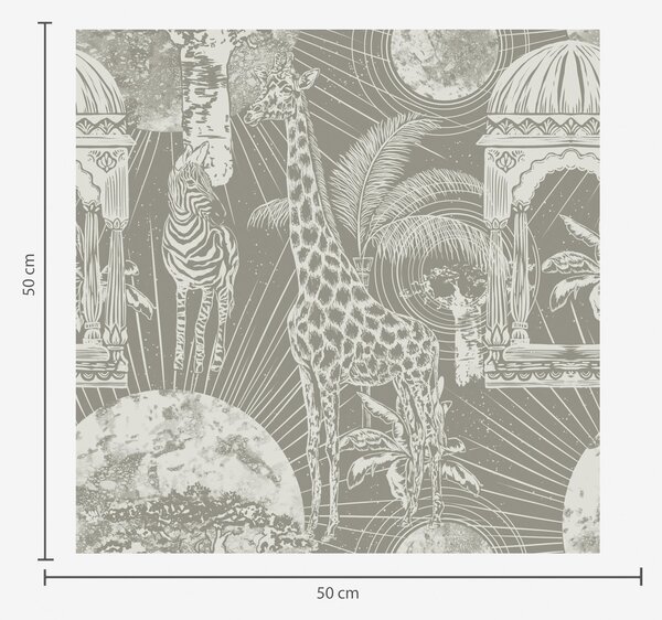 Tapet Girafă și zebră pe fundal de arhitectură și copaci tropicali, Tapet pentru copii, Tapet pentru băieți, a00276 : Uwalls.ro