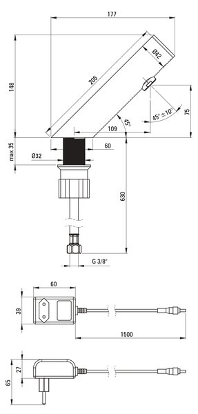 Deante Sense baterie lavoar stativ electrică negru BQR_N28V