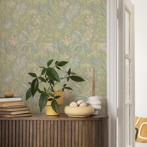 Tapet Frunze de epocă pe fundal verde, culori pastelate, Tapet flori, a00277 : Uwalls.ro