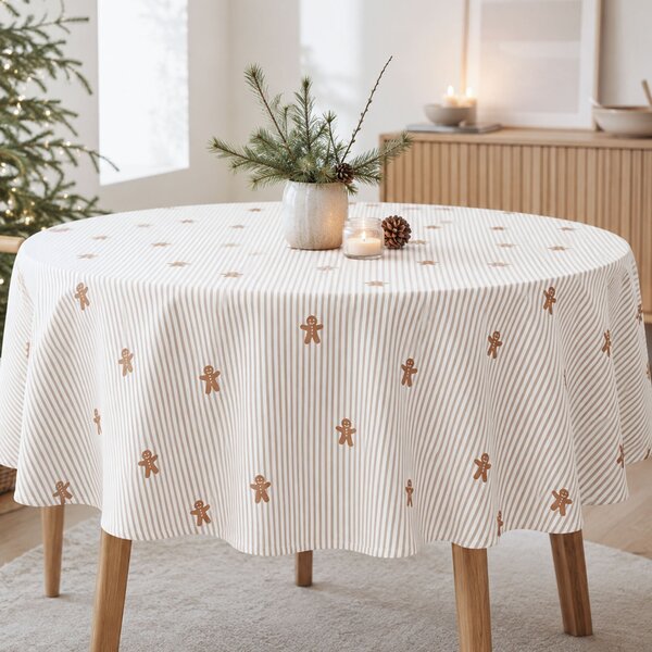 Goldea față de masă de crăciun 100% bumbac - turtă dulce cu dungi - rotundă Ø 120 cm