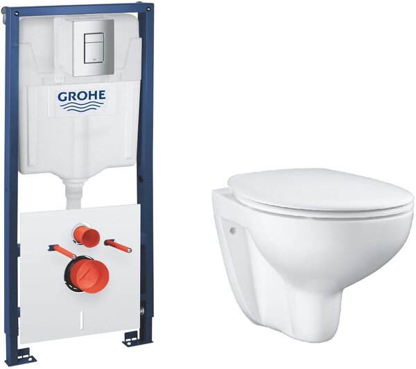 Set cadru încastrat cu buton și sigiliu Grohe Solido 39930000, vas WC cu capac soft-close Grohe Bau Ceramic 39351000