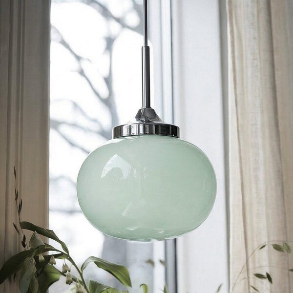 PR Home Lampă suspendată Elsy, verde deschis/crom, Ø 18 cm, sticlă, cu priză, Crom, Camera de zi / sufragerie, Sticlă, Scandinavă