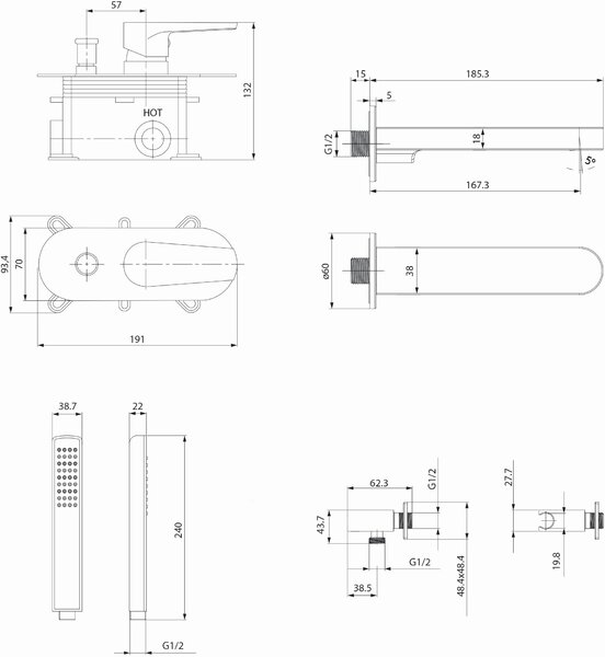 Set baterie cadă-duș Cersanit Moduo S951-338, set de duș Cersanit Inverto S951-708, S951-706