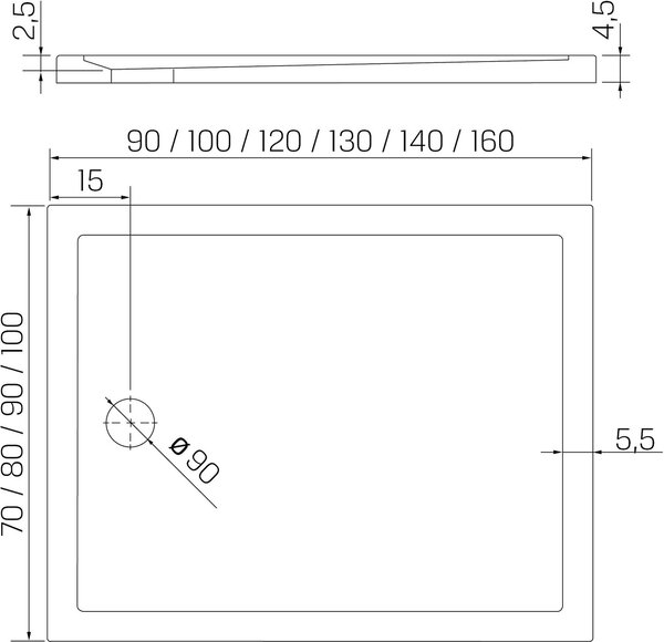 New Trendy New Cantare cădiță de duș dreptunghiulară 160x80 cm alb B-0471
