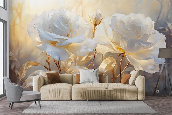 Tapet Trandafiri albi texturați cu tulpini și frunze galbene, iluminare moale, fundal luminos cu forme florale, Fototapet Flori, w09258 : Uwalls.ro
