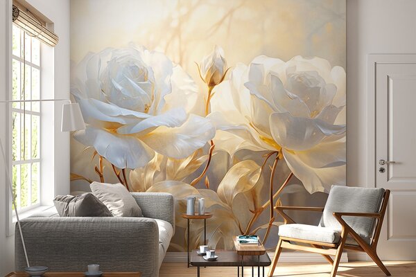 Tapet Trandafiri albi texturați cu tulpini și frunze galbene, iluminare moale, fundal luminos cu forme florale, Fototapet Flori, w09258 : Uwalls.ro