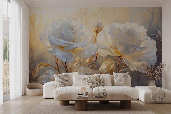 Tapet Trandafiri albi texturați cu tulpini și frunze galbene, iluminare moale, fundal luminos cu forme florale, Fototapet Flori, w09258 : Uwalls.ro