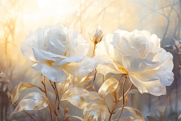 Tapet Trandafiri albi texturați cu tulpini și frunze galbene, iluminare moale, fundal luminos cu forme florale, Fototapet Flori, w09258 : Uwalls.ro