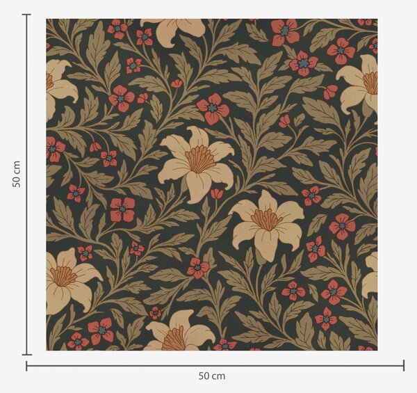 Tapet Fundal închis cu flori galbene și roșii în stil Art Nouveau, Tapet flori, a00293 : Uwalls.ro