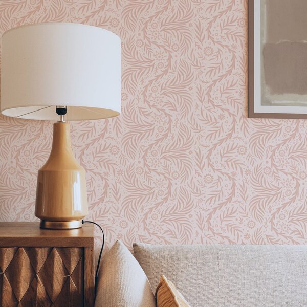 Tapet Elemente florale roz pal pe un fundal roz, Tapet flori, a00290 : Uwalls.ro