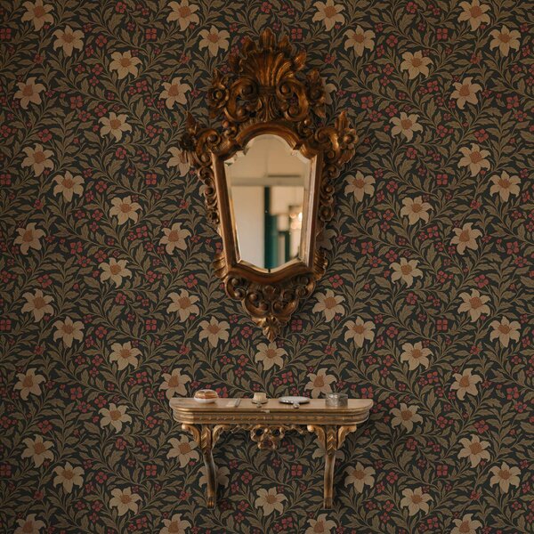 Tapet Fundal închis cu flori galbene și roșii în stil Art Nouveau, Tapet flori, a00293 : Uwalls.ro