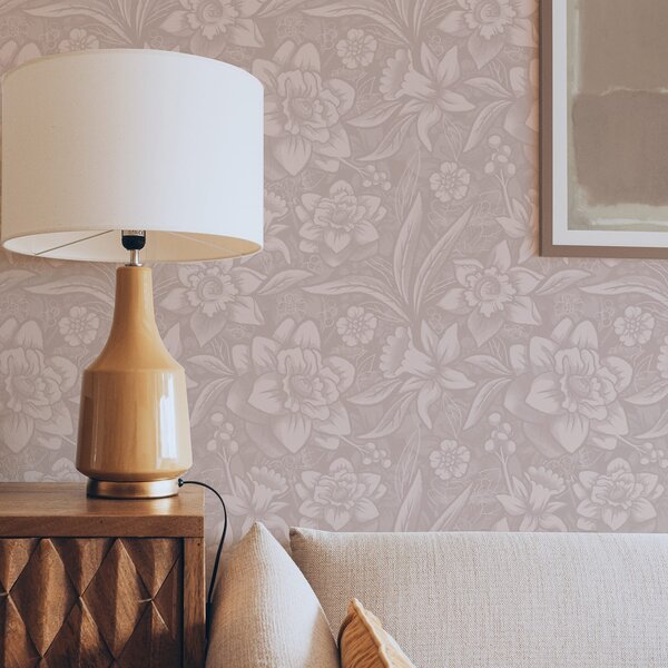 Tapet Design floral monocrom cu narcise pe un fundal crem, Tapet flori, a00294 : Uwalls.ro